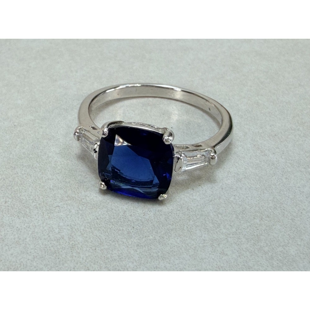 Vintage Sapphire Blue Cushion Cut CZ Engagement Style Silver Tone Ring Size 10